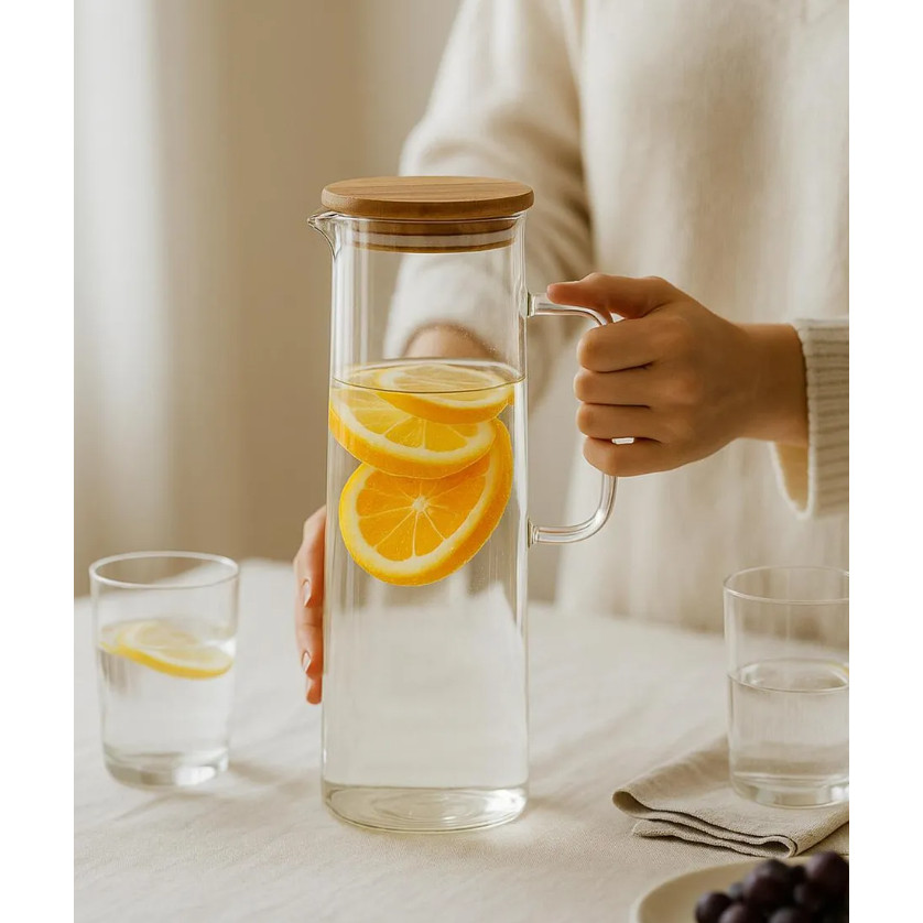 Jarra De Vidro 1,5l Com Tampa Bambu Vedação Hermética Para Sucos Agua Chá Leite Bebidas Borossilicato