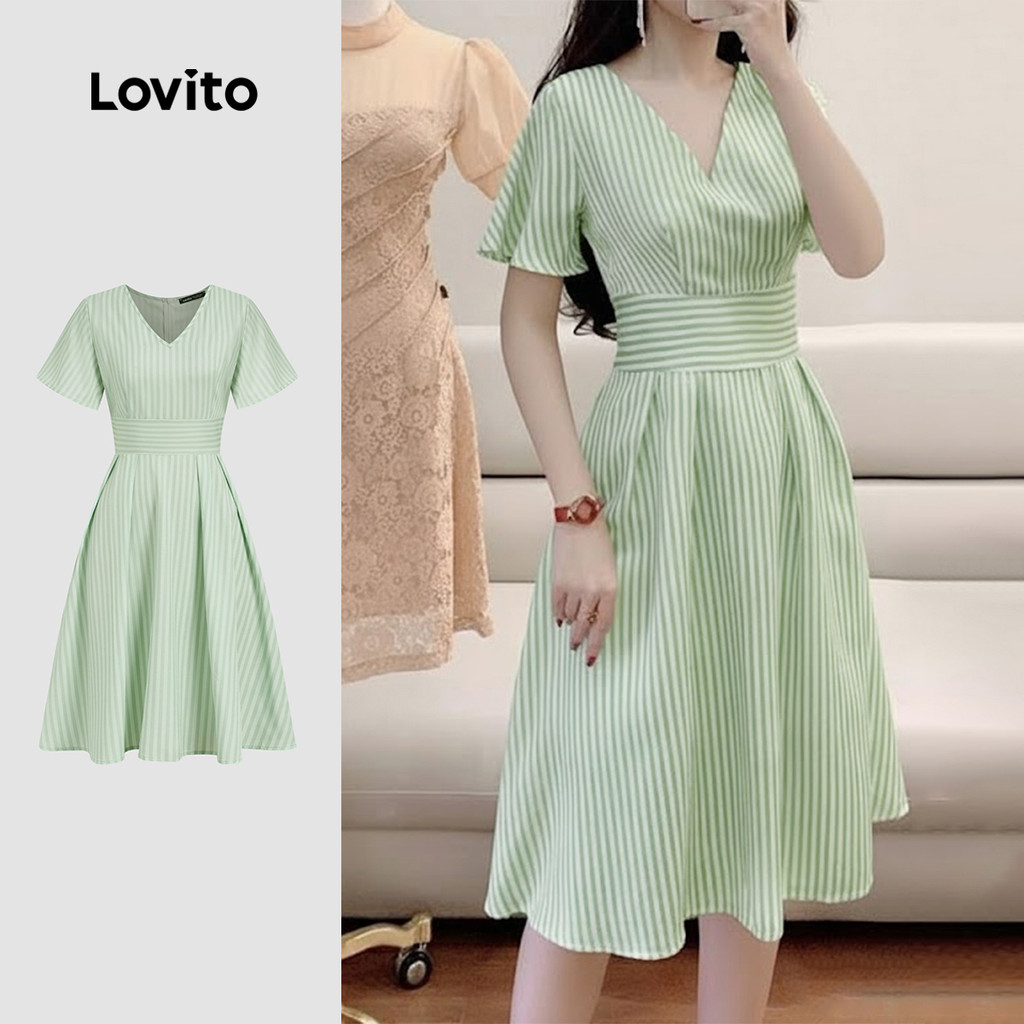 Lovito Vestido Casual Plissado Primavera/verão Vestido Verde para Mulheres L164ED083 em Oferta na Shopee