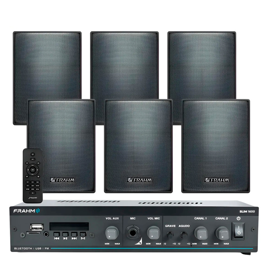Som Ambiente Bluetooth Frahm Slim 1600 + 6 Caixas Ps200 Plus Cor Preto Voltagem 110v/220