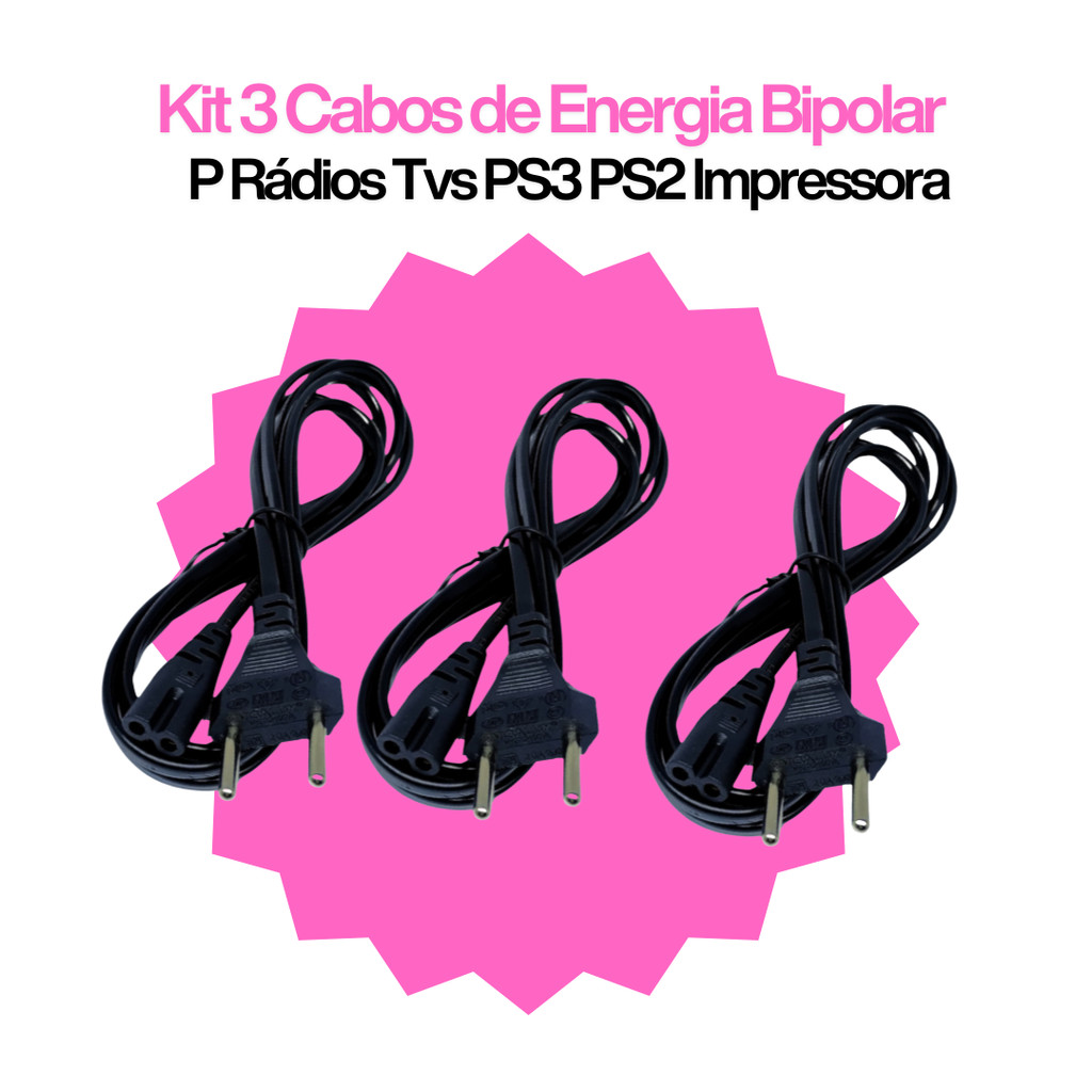 Kit 3 Cabos Cabo de Energia Bipolar  - Compatível com PS3, PS4, Impressoras, Rádios e Mais