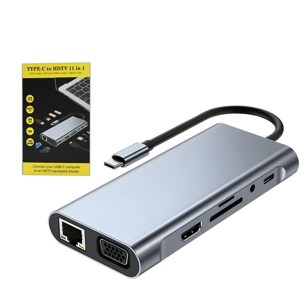 Adaptador Hub USB-C 11 em 1 Splitter Divisor Multiporta USB3.0 HDMI VGA LAN TF SD Áudio
