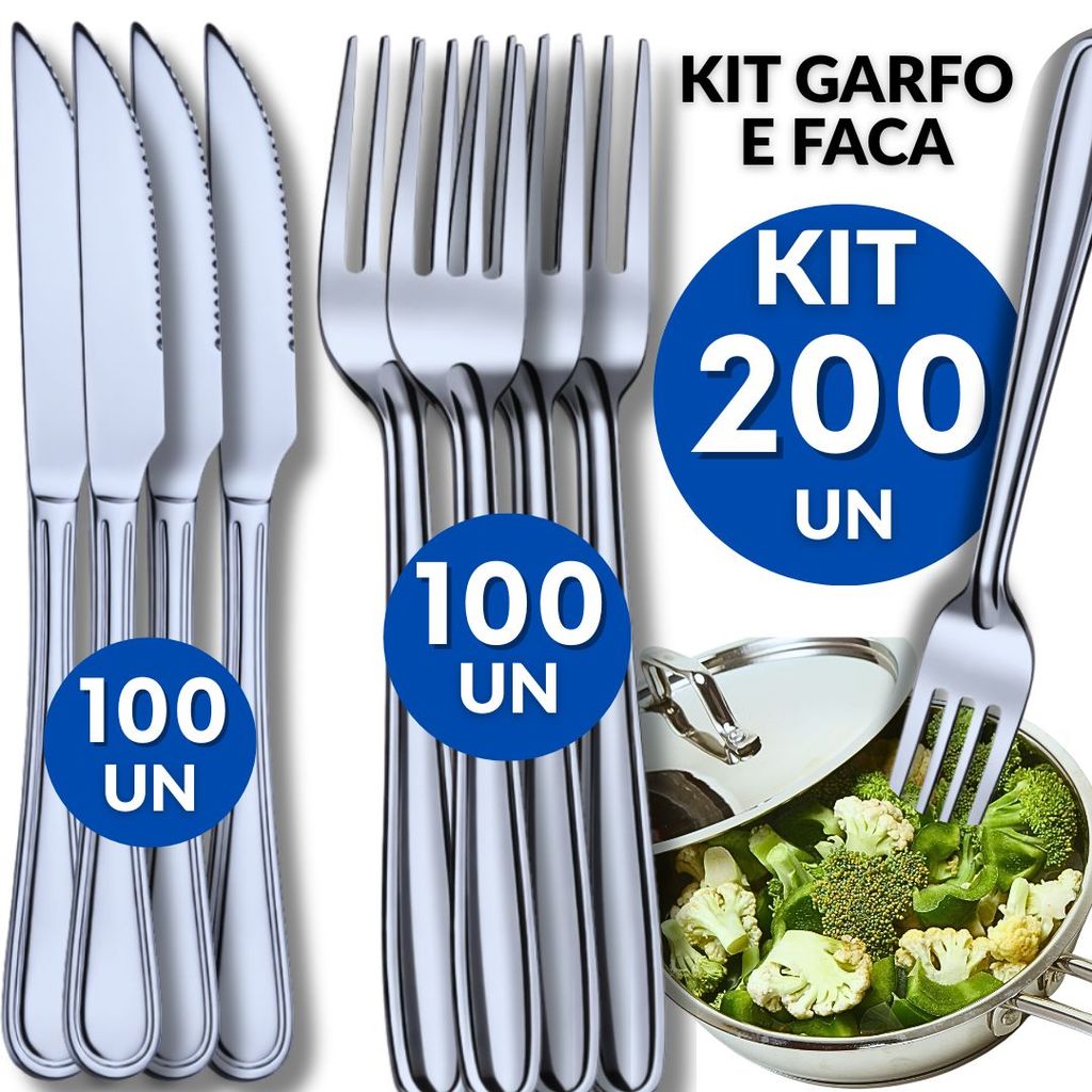 Conjunto 200  Talheres Inox 100 Facas 100 Garfos Cozinha Restaurante Buffet Casa Resistência Qualidade Utilidades