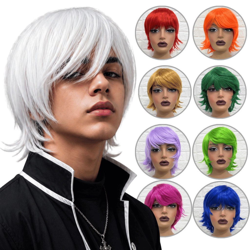 Peruca curta repicada media cosplay anime masculina colorida