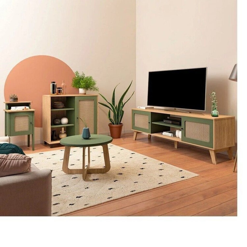 Kit 4 Peças com Rack para Tv até 75 Polegadas, de Centro, Mesa Lateral e Aparador Verde Carvalho/Menta