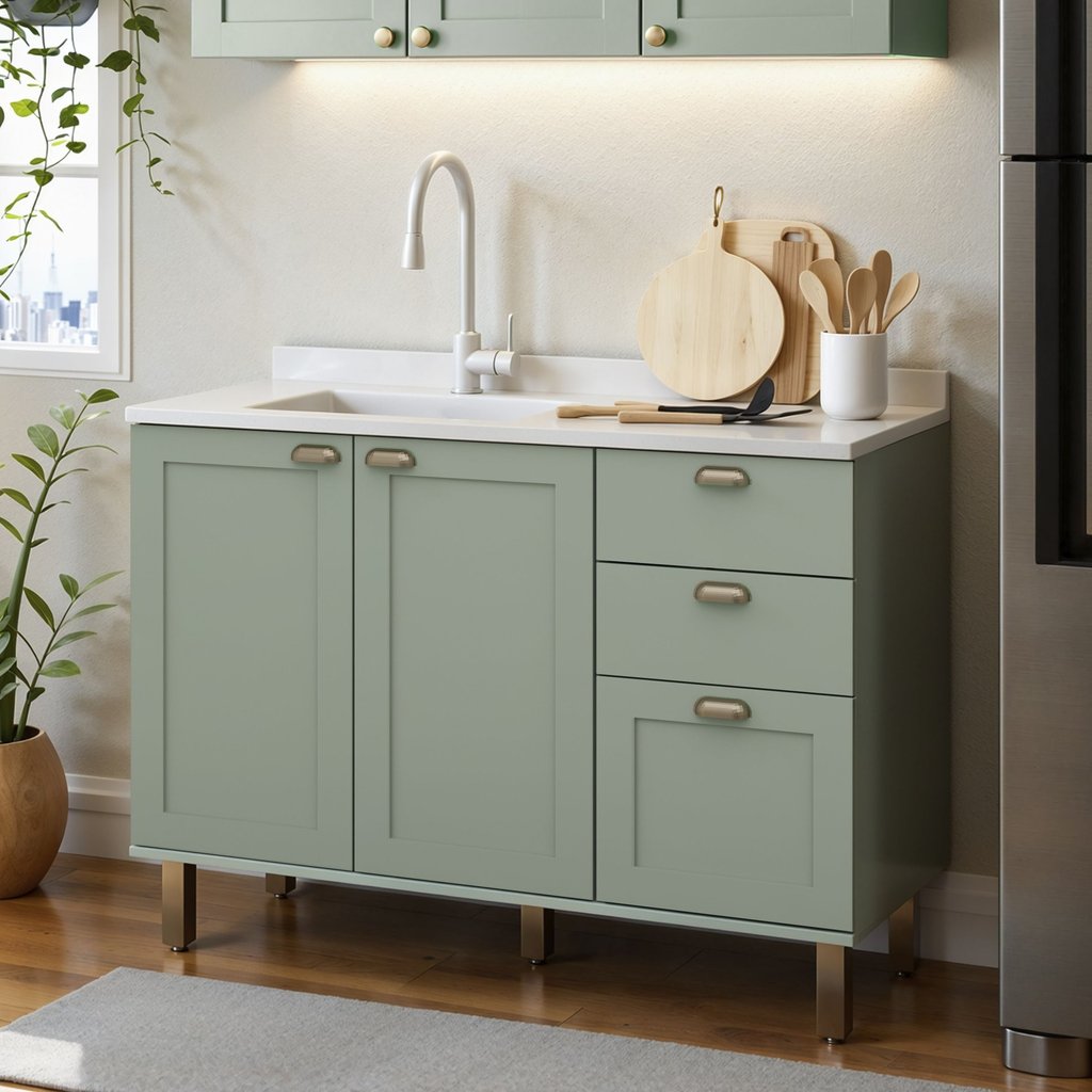 Balcão para Cozinha 2 Portas 3 Gavetas Provençais sem Tampo Iluminata Verde/Mint Verde Mint
