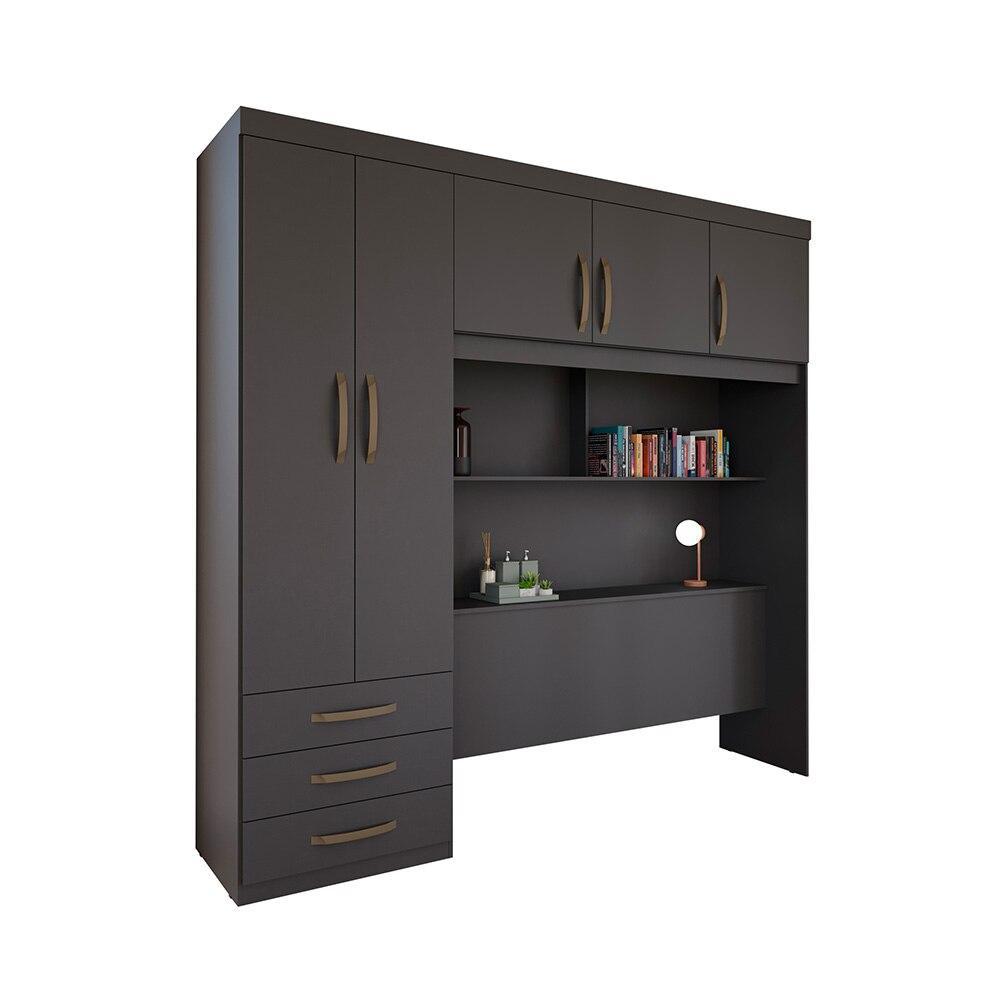 Guarda-Roupa Solteiro Herval Essence, 5 Portas, 3 Gavetas, Cabeceira Integrada, Grafite