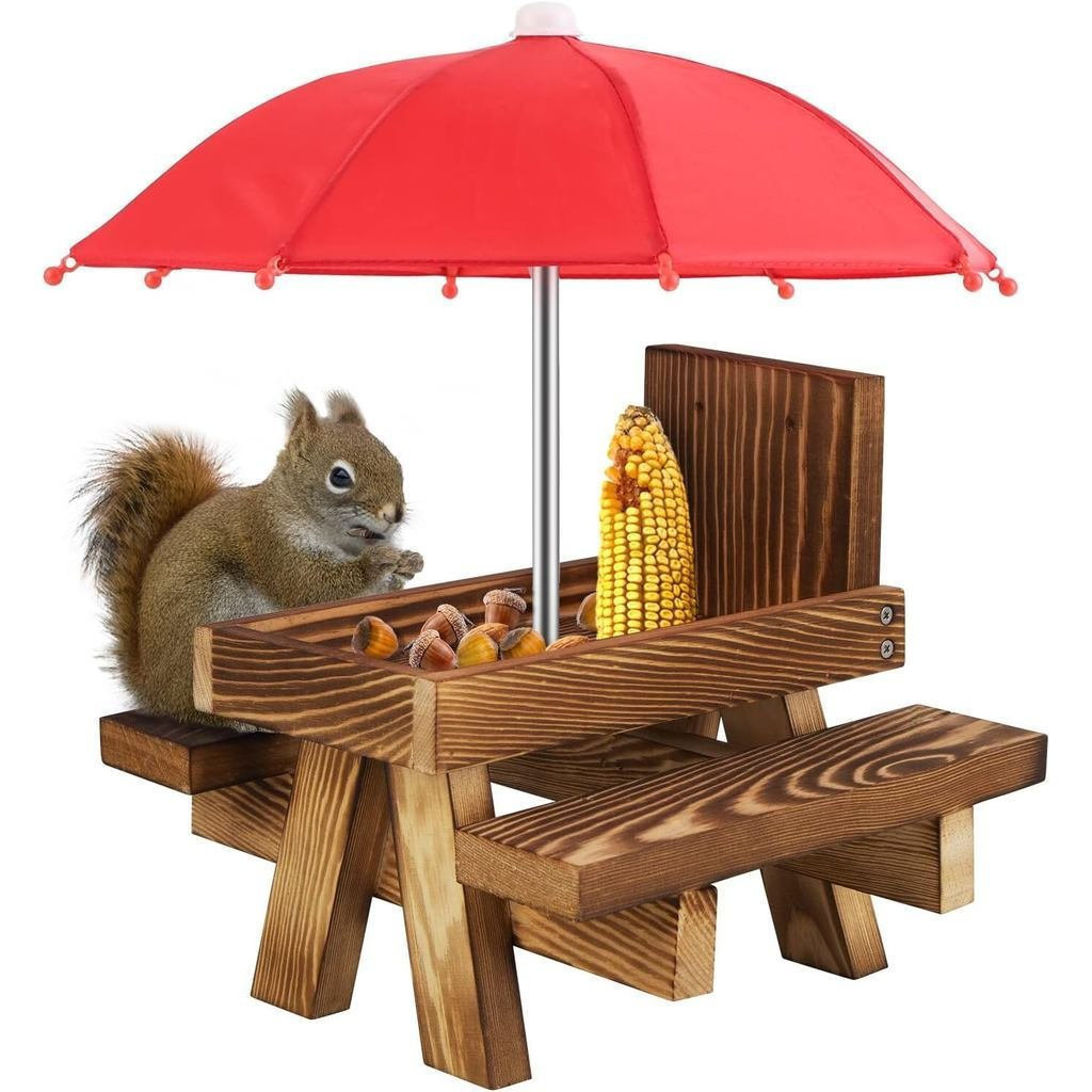 Alimentador de esquilo de madeira Queen.Y com guarda-chuva para árvore de pátio de jardim