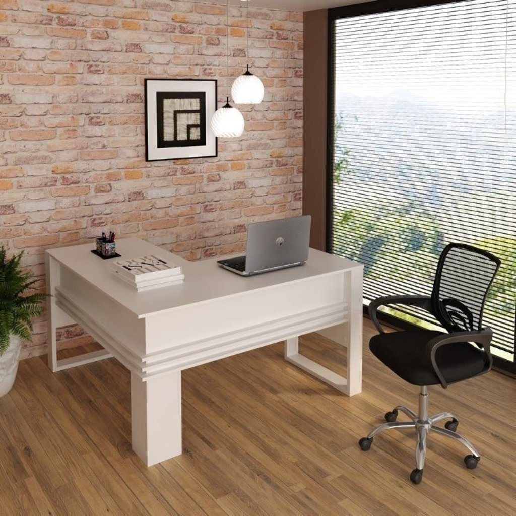 Conjunto 2 Peças com Escrivaninha em L com Cadeira de Escritório Diretor Tela Mesh Branco Branco