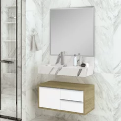 Bancada em Porcelanato para Banheiro 80cm Pró com Cuba Esculpida Yescasa Branco/Calacata Calacata/Offwhite