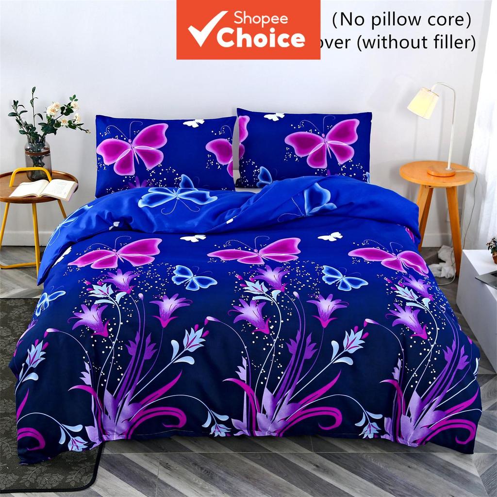 Conjunto De Cama Borboleta Azul 3 Peças – Roupa Floral Roxa Com 2 Fronhas Capa De Edredom Macia E Respirável Para Decora