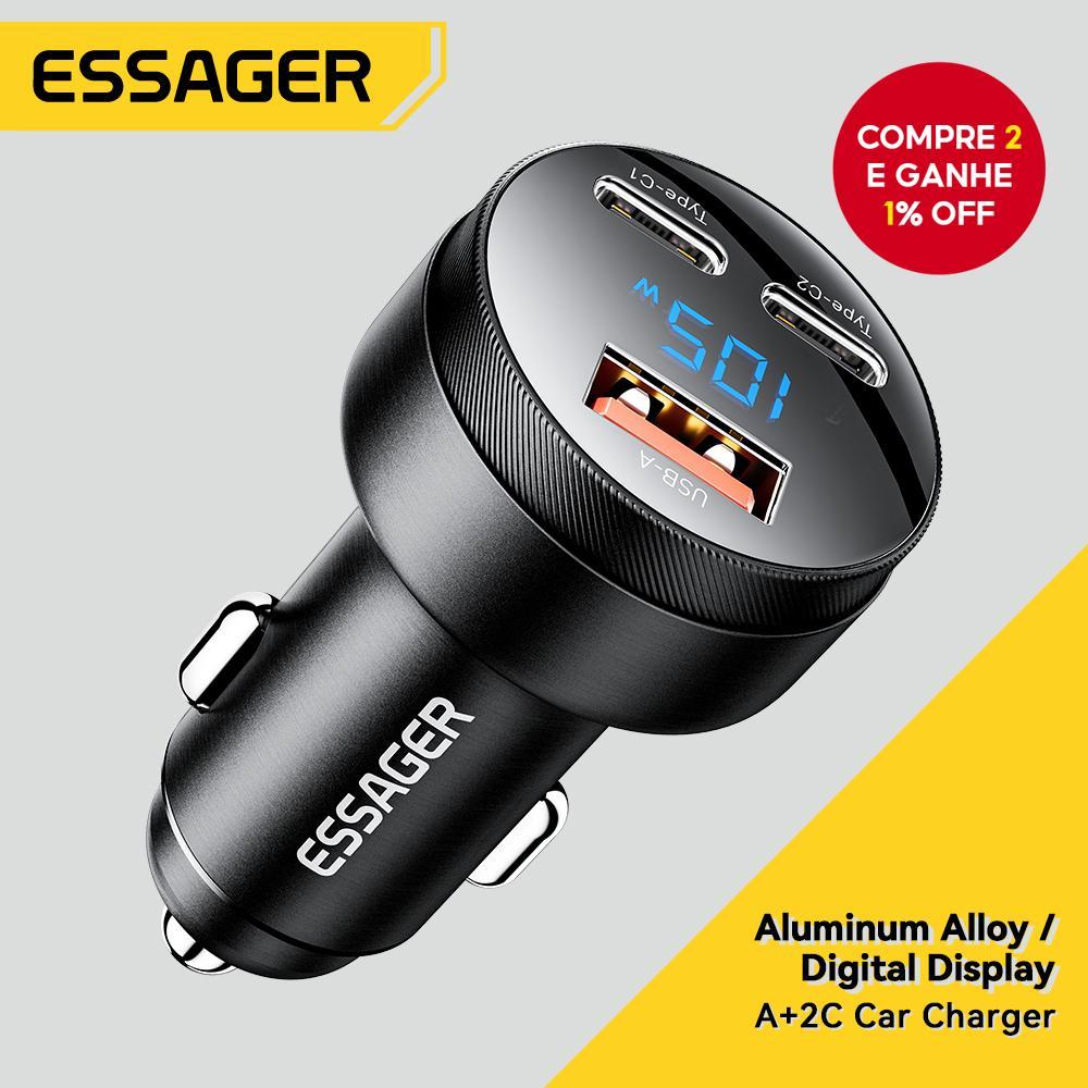 Carregador De Carro Essager 105W 2 Type C + USB Carregamento Rápido PPS PD QC Preto Cinza Para Viagem Automática E Escri