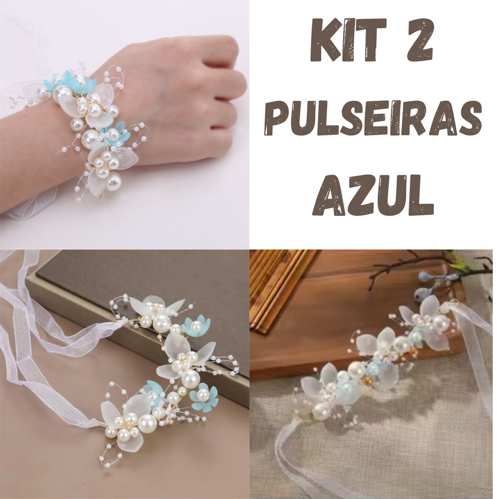 Kit 2 Pulseiras Azul Premium Infantil com Pérolas Para Festas e Fotos Bracelete Casamento Aniversário