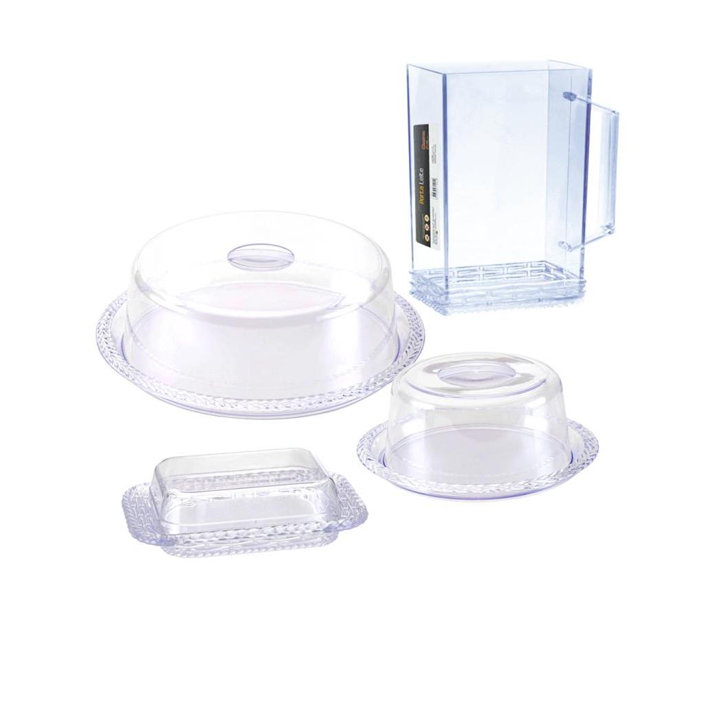 Kit Acrílico 4 Peças Porta Bolo Trança 26cm Porta Queijo Leite Manteigueira Cozinha Mesa Utilidades