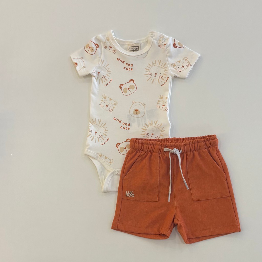Conjunto Infantil Luc.Boo Body Off Ursinhos e Bermuda Moletom Bebes Menino Verão Moda Kids 87379