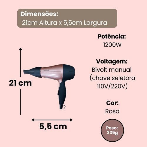 Secador de Cabelo Portátil 1200W Bivolt - Rosa - Novo Modelo