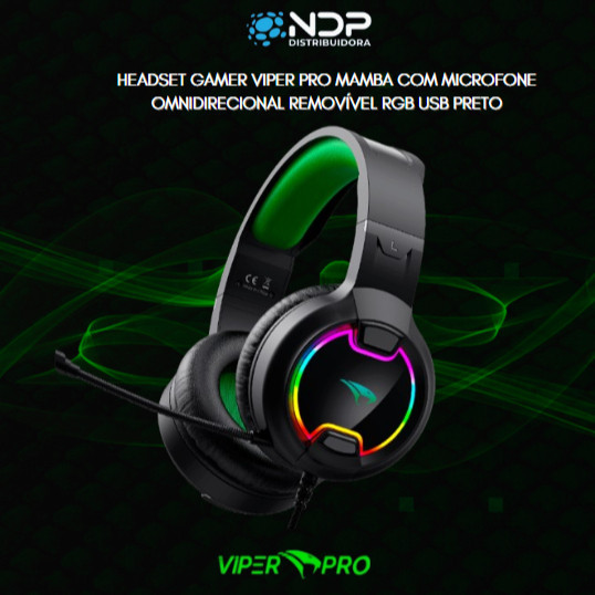 Headset Gamer Fone de Ouvido Viper Pro Mamba com Microfone Omnidirecional Remove Ruído Led RGB
