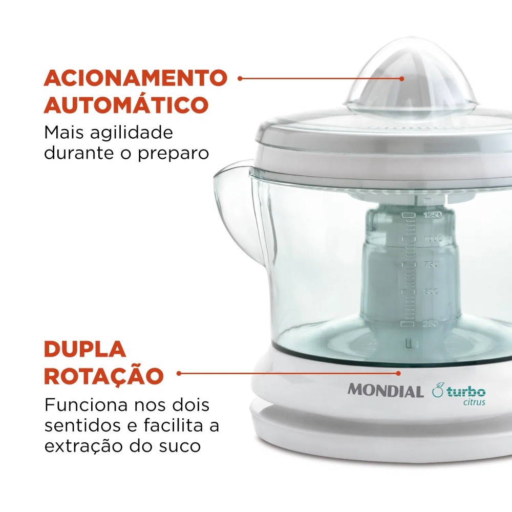 Detalhes do Espremedor de frutas 1,25L dupla rotação Power Turbo Citrus E-01 Mondial