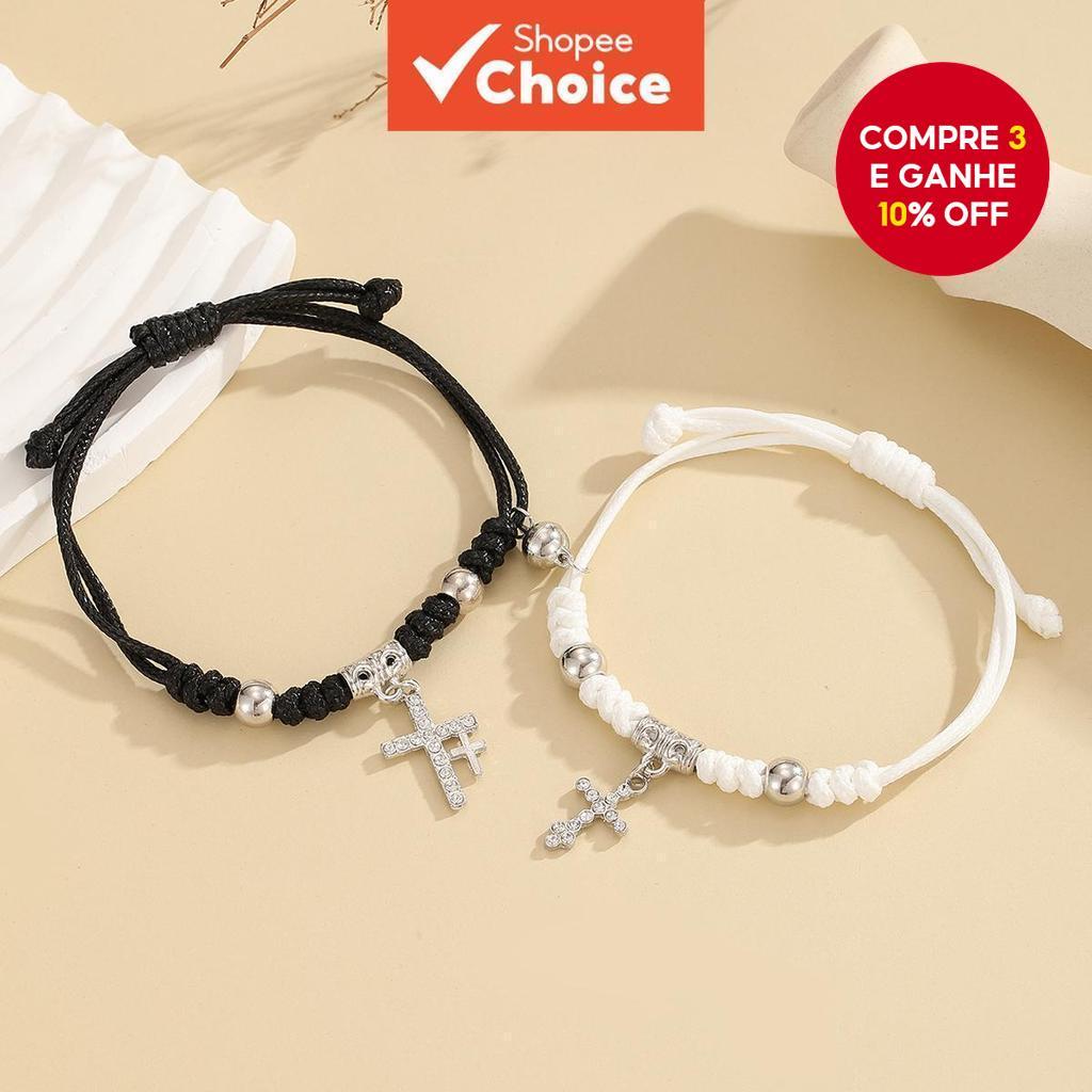 Conjunto de Pulseiras de Corda Tecidas à Mão com Flecha de Diamante Preto e Branco para Casais e Namoradas em Oferta na Shopee
