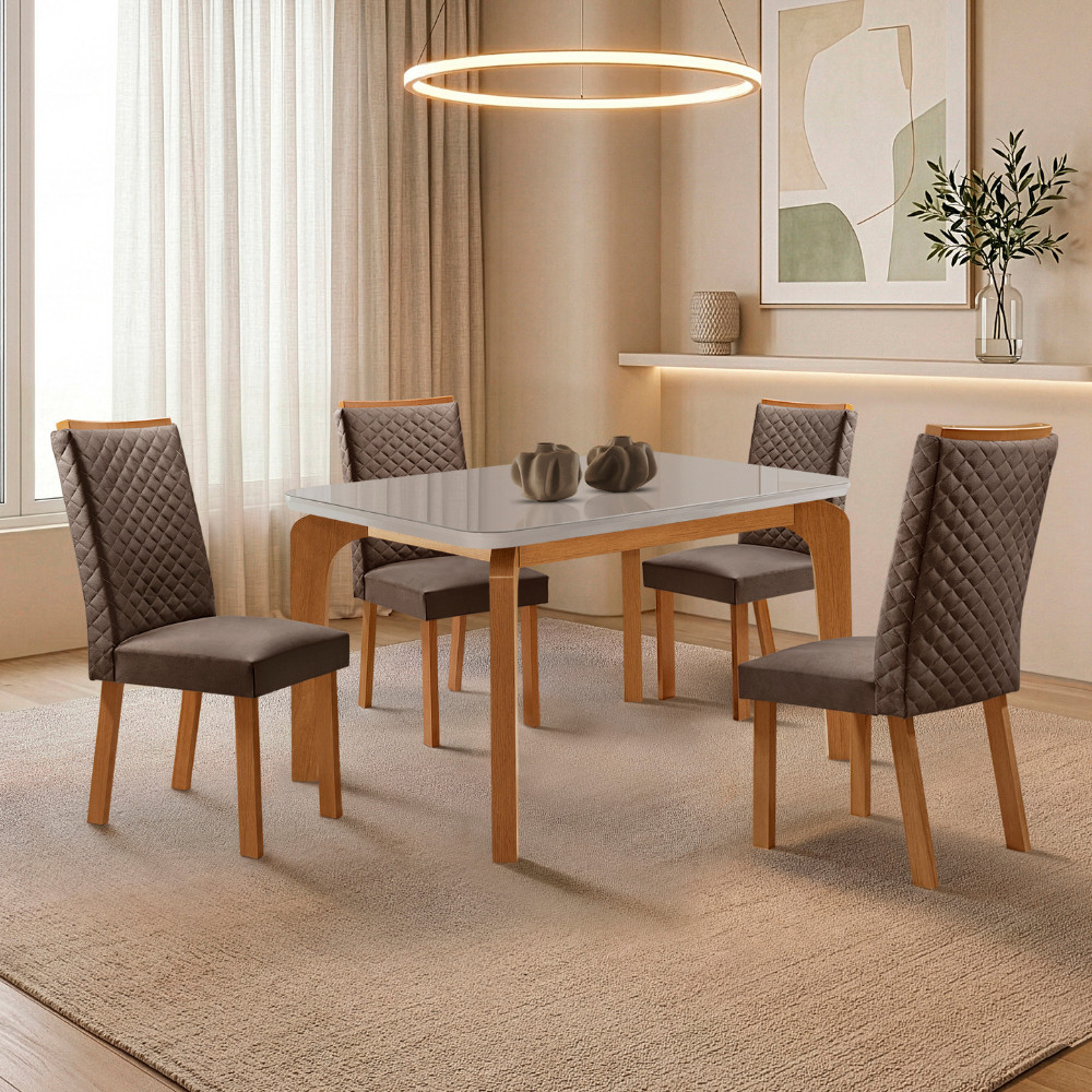 Mesa de Jantar Liz 120cm Tampo MDF Vidro Canto Copo com 4 Cadeiras Lira