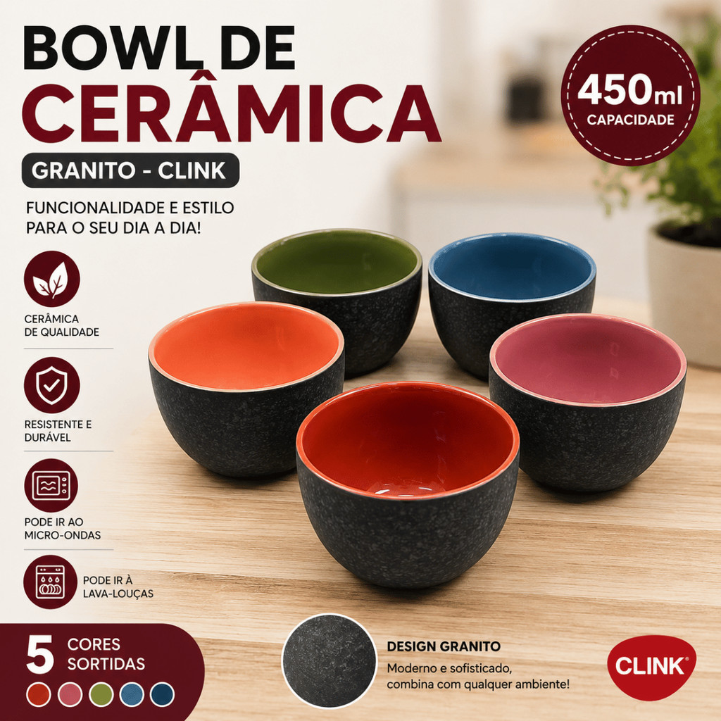 Bowl de Ceramica 450ml Granito - Clink / Tigela Sopa Cereal Sobremesa Mesa Cozinha Luxo