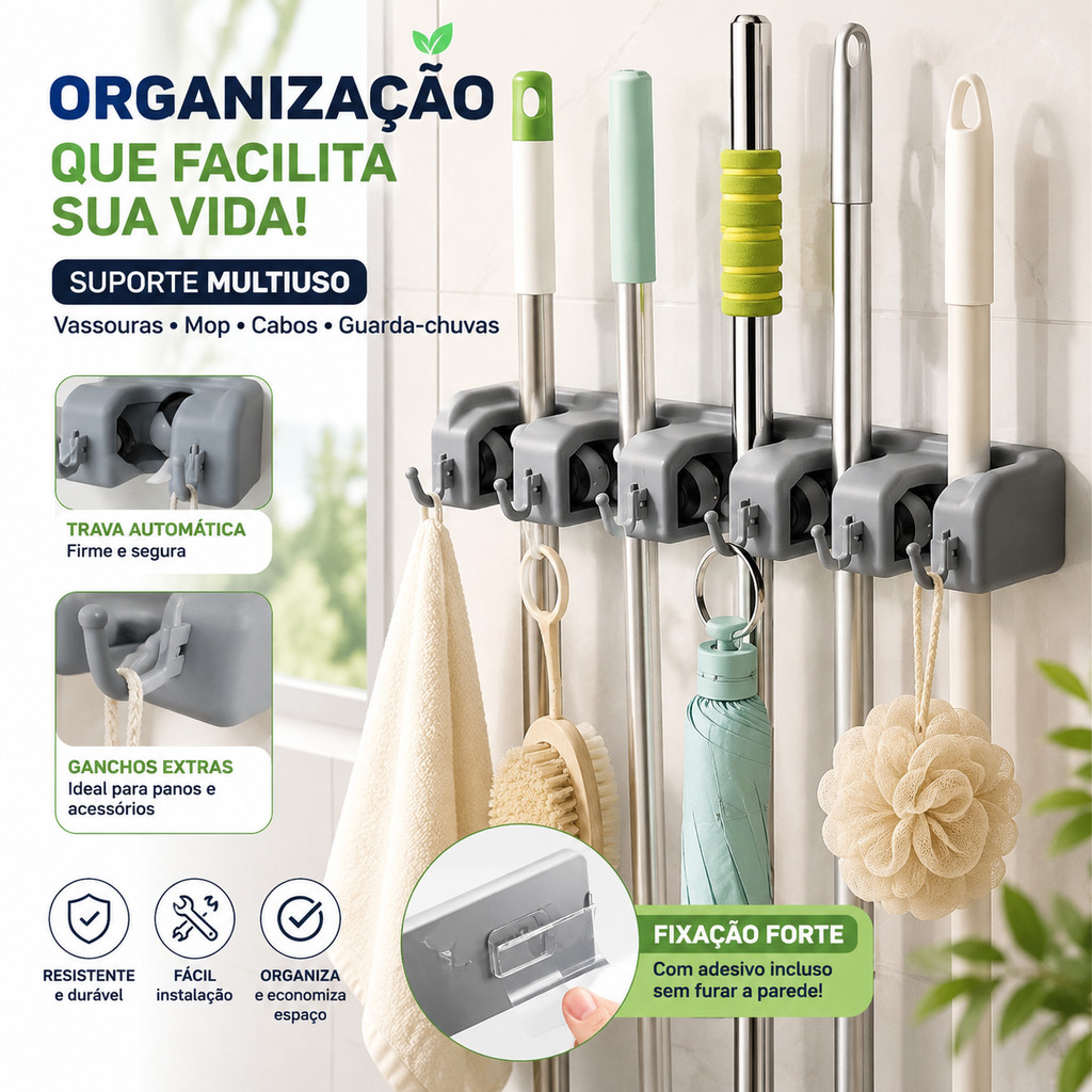 Suporte Organizador Multiuso 5 Lugares 6 Ganchos Porta Vassoura Rodo