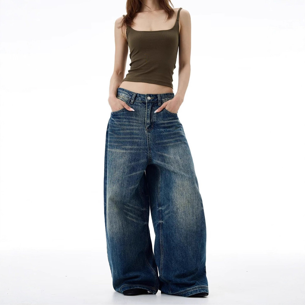 Calças jeans femininas plus size, estilo retrô americano vintage, com design de orelhas de gato, corte reto, folgadas, m