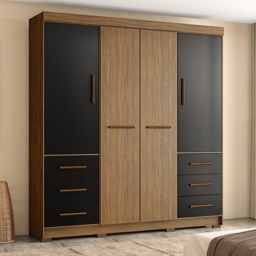 Guarda Roupa Casal 4 Portas 6 Gavetas Estrela Nogueira/Preto
