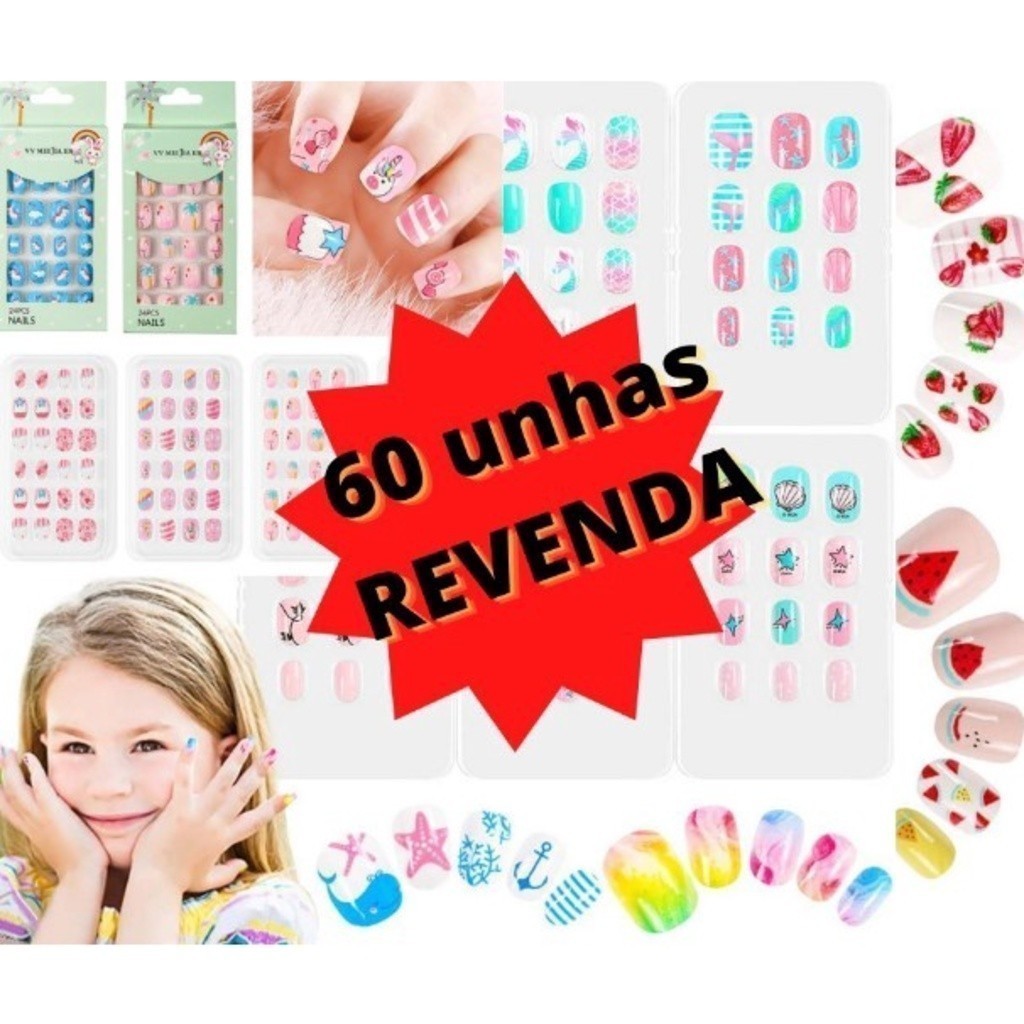 Kit 60 Unhas Postiça Infantil 5 Caixas （1caixa com 12 unhas）Contém Comprimidos de cola sólida