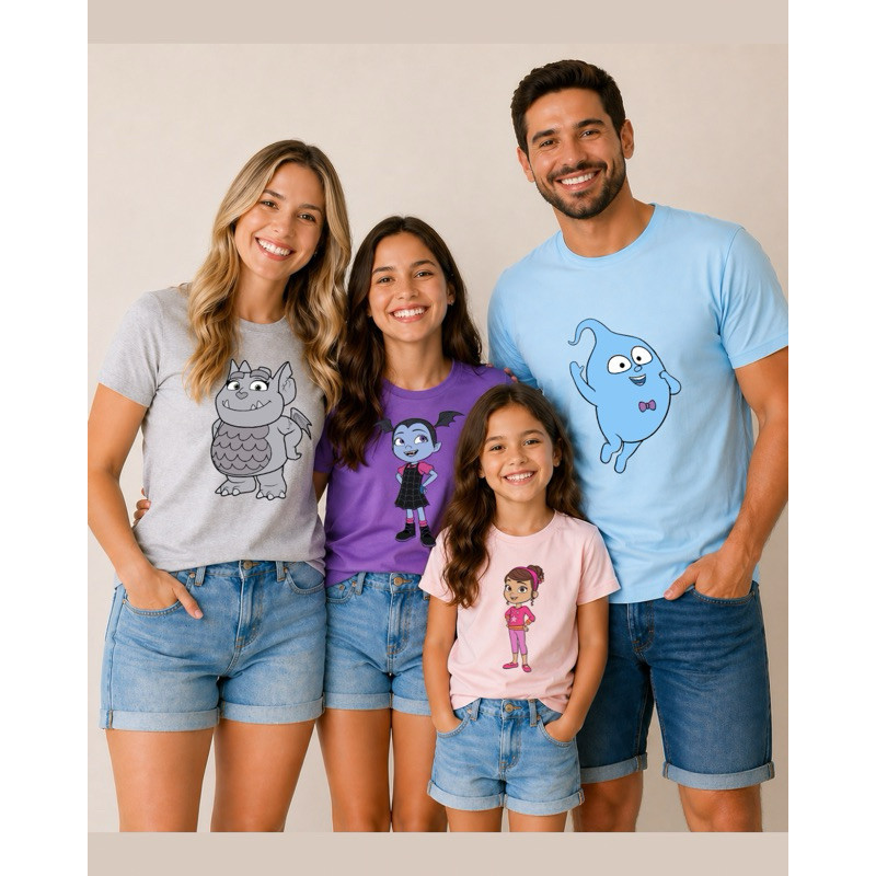 Camiseta Divertida Vampirina ou Personagens Infantil Adulto Plus Size Algodão Unissex Estampa Divertida Família