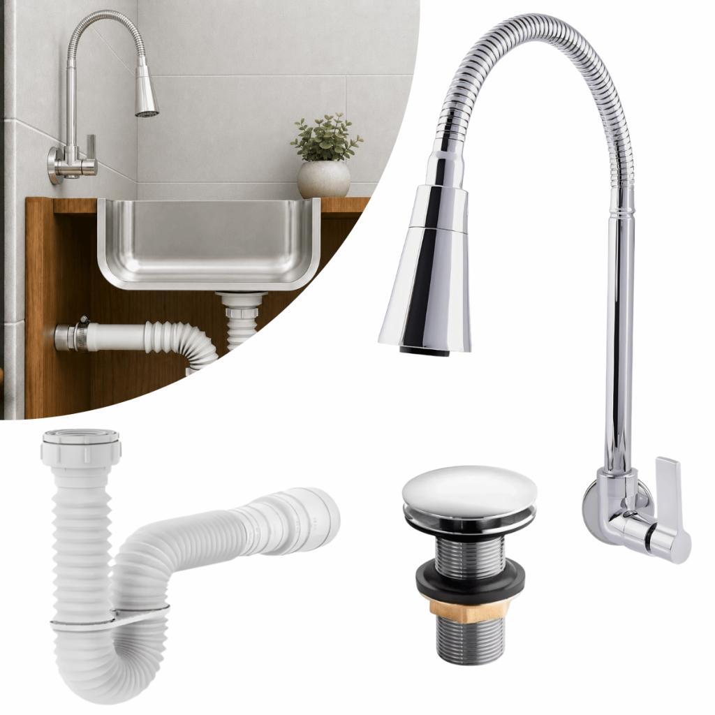 Torneira Gourmet Parede 3/4 Kit Completo Com Válvula Click Metal e Sifão Flexível Área Gourmet