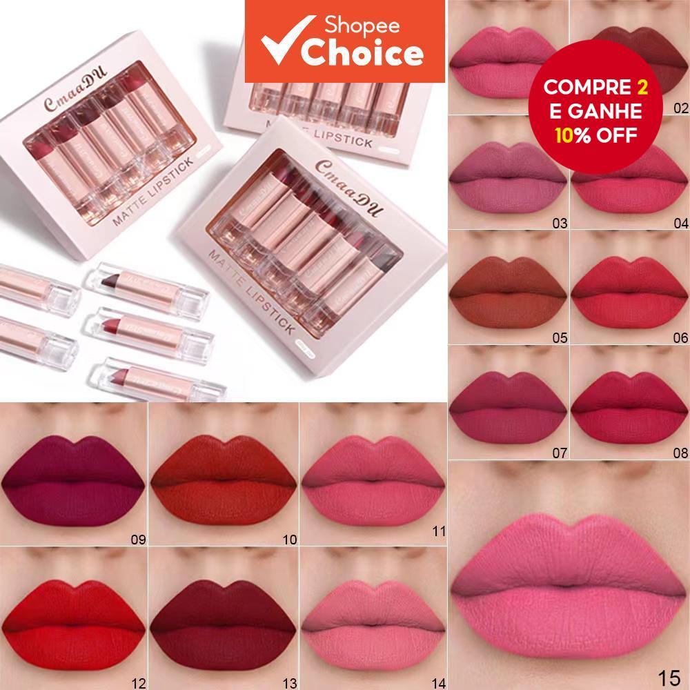 Conjunto CmaaDu de 5 Batons Brilho Labial Gloss Mate Hidratante e Maquiagem de Longa Duração em Oferta na Shopee