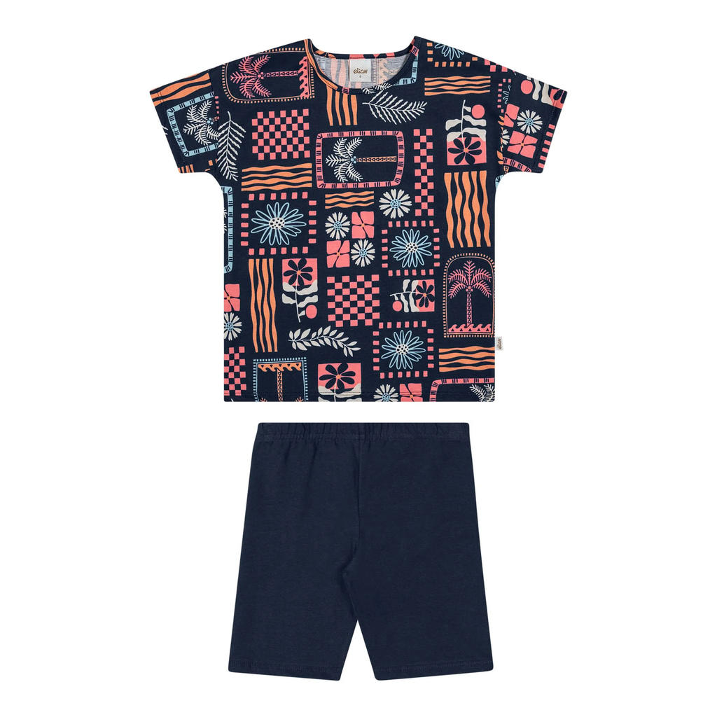 Conjunto Infantil Menina Elian com Shorts Ciclista e Blusa Azul Marinho Tropical