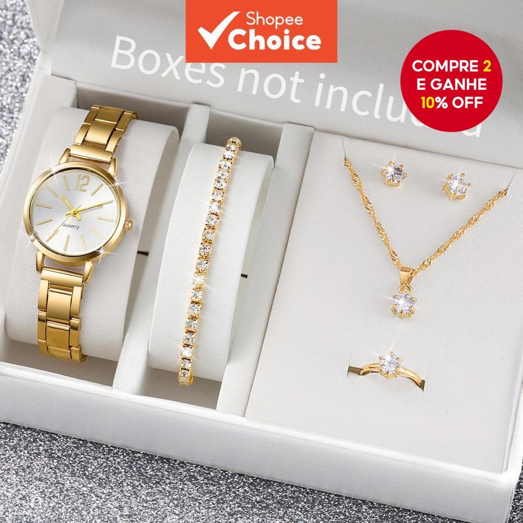 Conjunto De Relógios Femininos De 6 Peças , De Quartzo Com Pulseira De Liga Unissex Da Moda Rovga Strass , Joias (Sem Ca