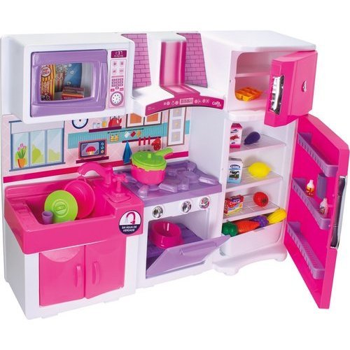 Conjunto Cozinha Fogão Geladeira Pia Micro-ondas e Armário - Rosa 