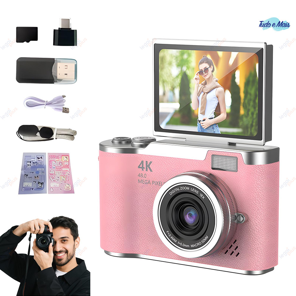 Câmera CCD Profissional 48MP Zoom 8x Gravação 4K Tela Flip para Selfies e Conteúdo Estudantil
