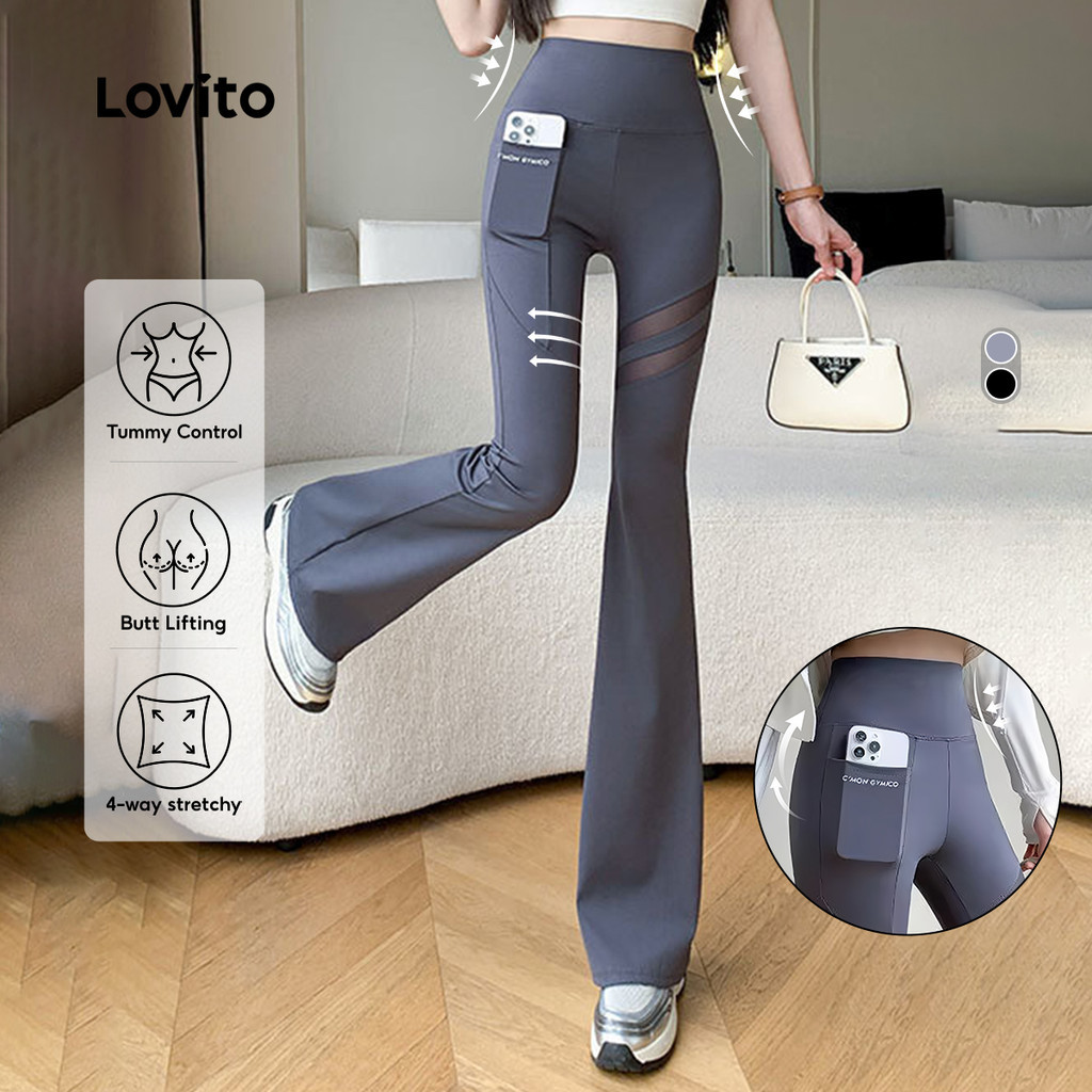 Lovito Leggings Esportivos Esportivos com Controle de Barriga Leggings Pretas para Exercícios femininos LNA124038 em Oferta na Shopee