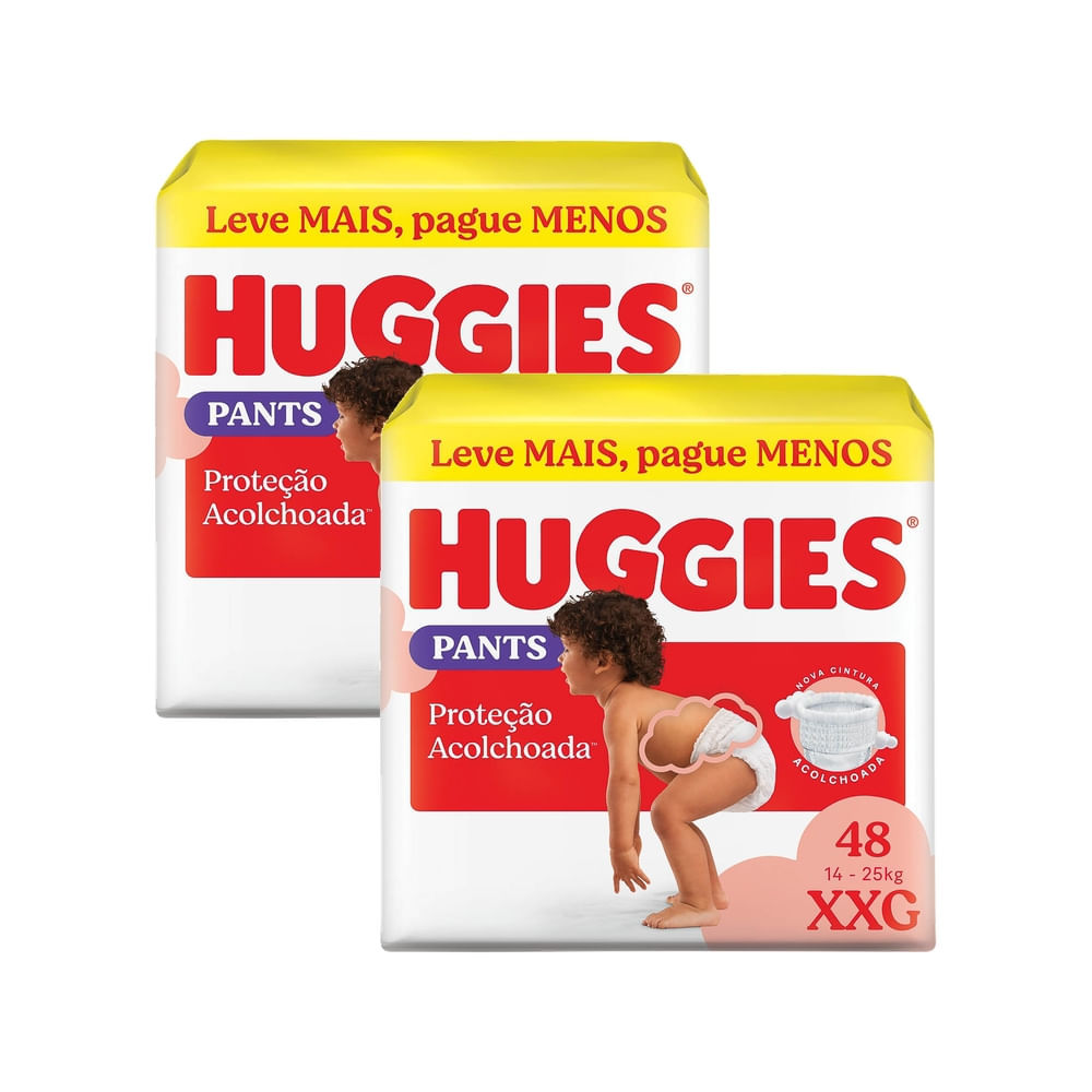 Kit 2 Fralda Huggies Supreme Care Pants Roupinha Proteção Acolchoada Tamanho XXG Pacote Hiper 48 Unidades Descartáveis