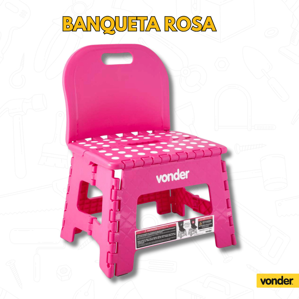 Banqueta Plástica Dobrável Rosa com Encosto 220 mm – VONDER