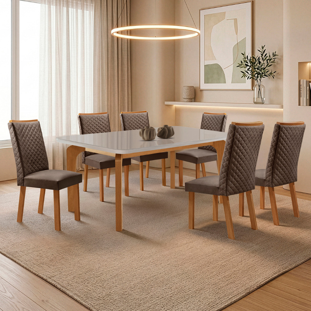 Mesa de Jantar Liz 180cm Tampo MDF Vidro Canto Copo com 6 Cadeiras Lira