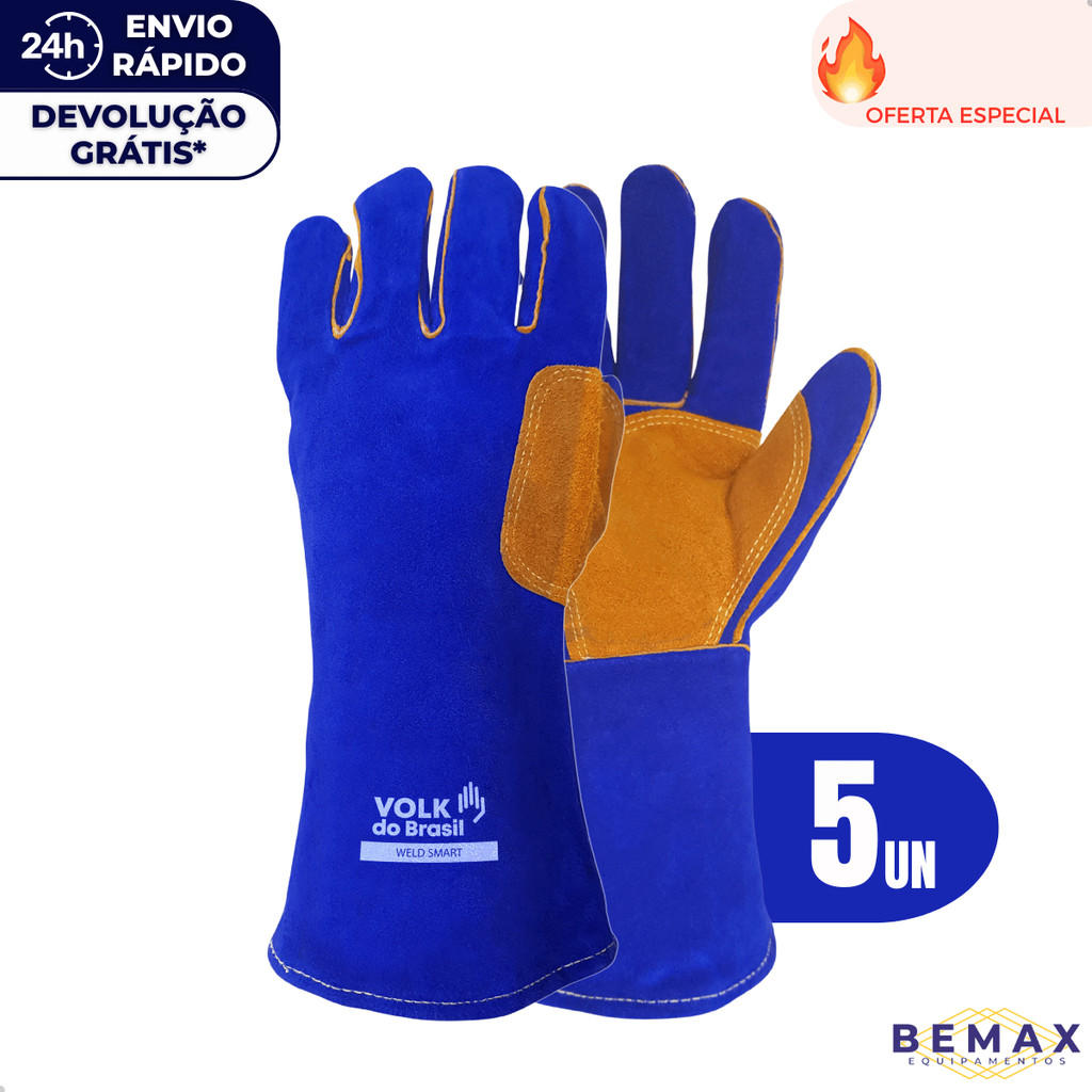 Kit 5 Luva De Solda Weld Smart Térmica Soldador Resistência Térmica 100°C Couro Raspa Reforçada Volk