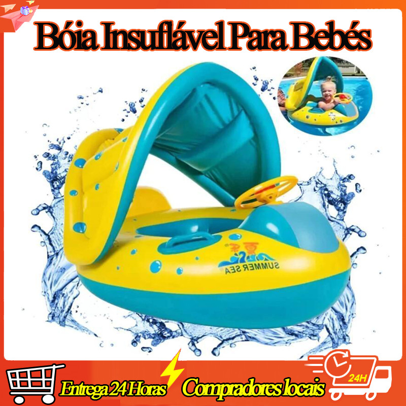 Boia Bote Inflavel Bebe Protecao UV Carrinho Com Cobertura E Bomba De Ar Boia Inflável para Bebê com Cobertura ﻿UV