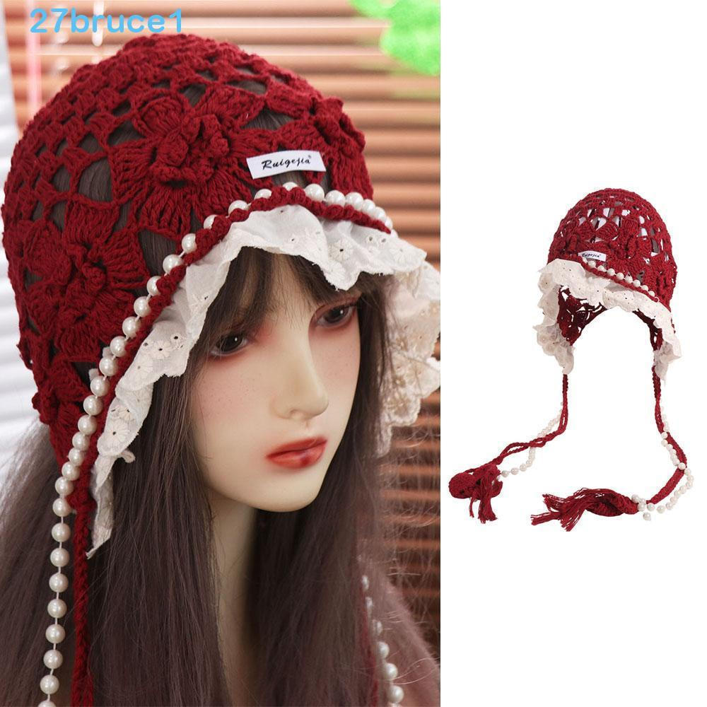 BRUCE1 Chapéu De Malha De Flor De Crochê , Gorros De Renda Com Borlas De Pérola Vazadas , Boné Fina Feito À Mão