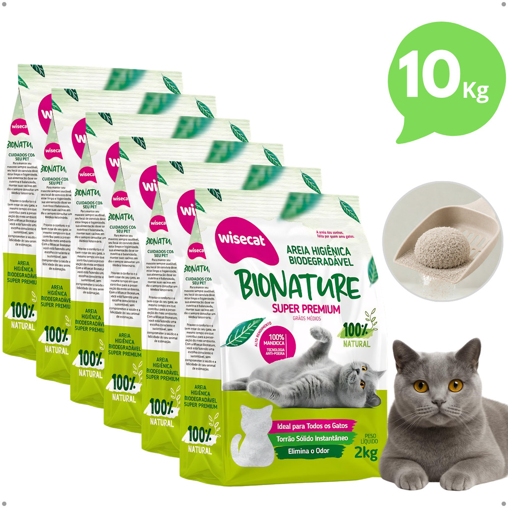 Kit 5 Areia Higiênica Gato 10kg Biodegradável Grãos Médios Anti Odor Torrão Forte