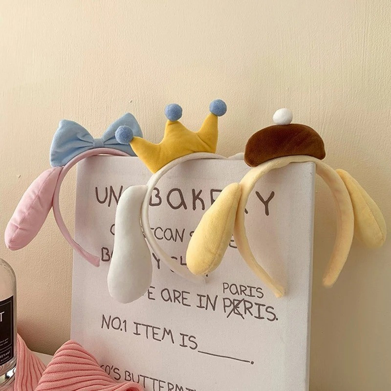 Tiara de Pelúcia com Orelhas Kuromi, Tiara Fofa e Macia com Pom Pom Purin para Mulheres, Acessório de Cabelo Anime Fofo