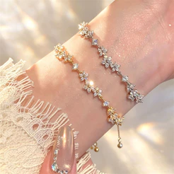 Pulseira Benge de Corda Trançada com Pingente de Diamante Flor de Cerejeira Brilhante, Estilo Vintage Y2K, Joia Estética