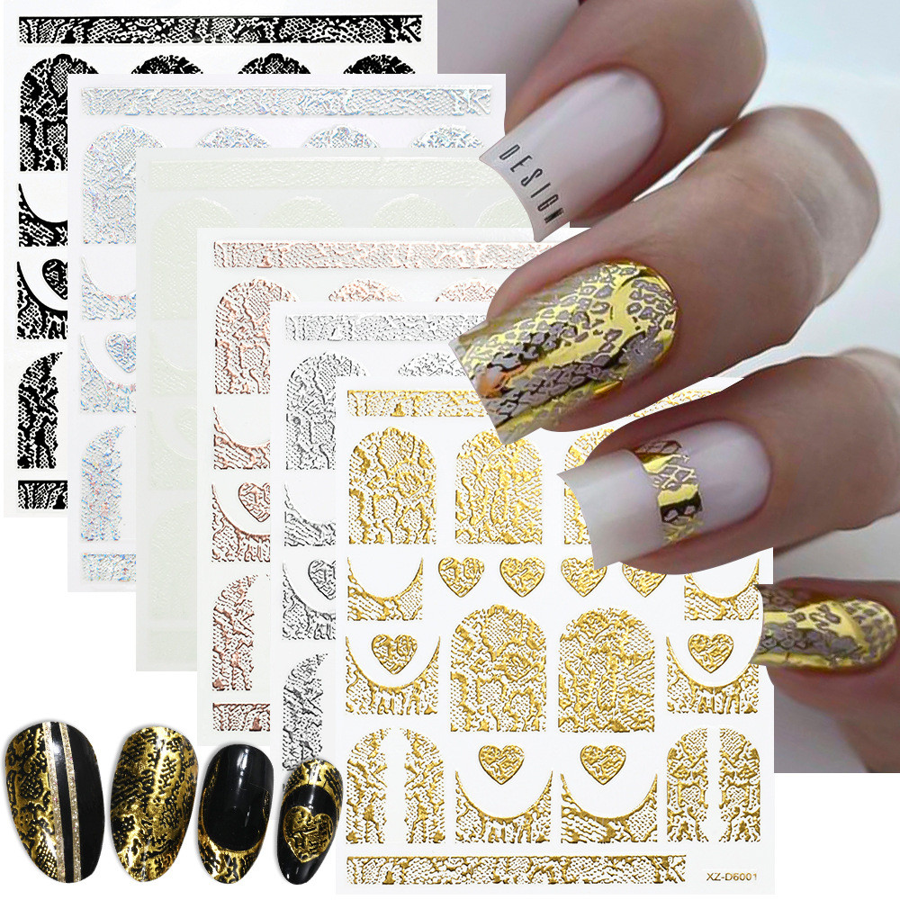 Conjunto de 6 peças de adesivos para unhas estilo francês, 6 cores, folha de ouro, padrão animal brilhante, padrão de co