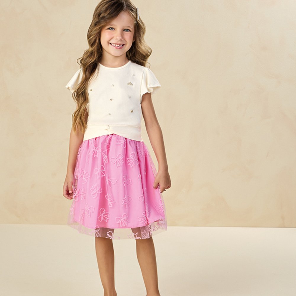 CONJUNTO MENINA DE BLUSA EM COTTON PENTEADO E SAIA EM TULE LAÇOS BAMBINA