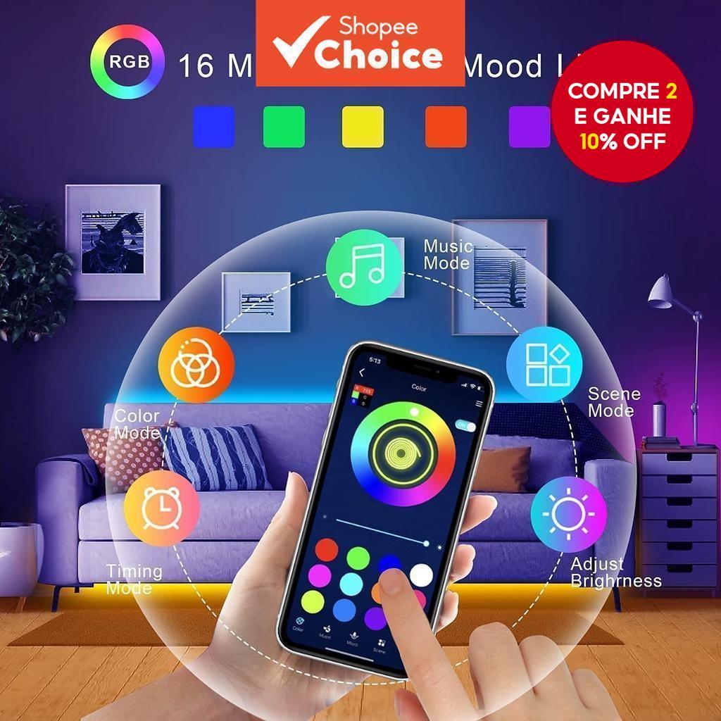 Nova fita de LED 5050 RGB com controle Bluetooth, mudando de cor, ideal para decoração de quarto, sala de estar, TV e