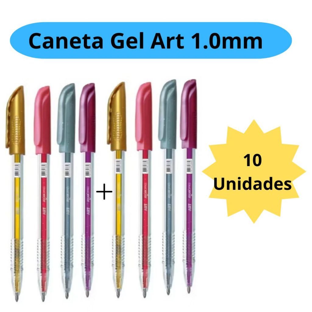 Kit 10 Caneta Gel Art 1.0 Glitter Cores Vibrantes e Variadas Jocar Office