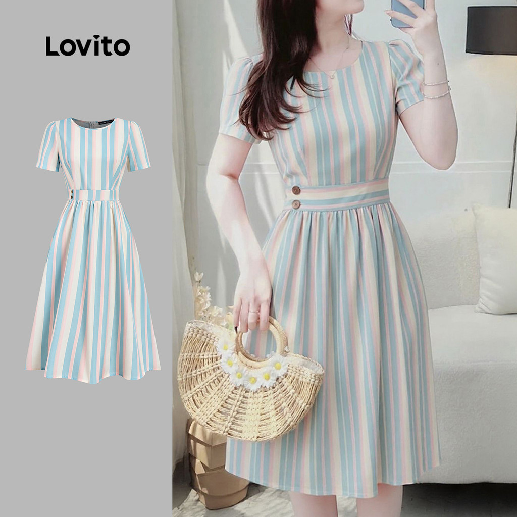 Lovito Vestido Casual Geométrico com Botões para Mulheres Primavera/Verão L164ED357 em Oferta na Shopee